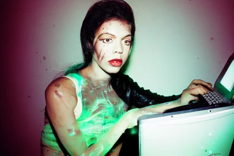 Image similar to handsome alien woman using a computer submerged in translucent goo, in 1 9 8 5, y 2 k cybercore, industrial low - light photography, in the style of tyler mitchell