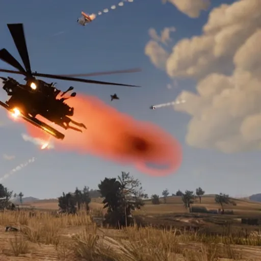 Prompt: apache helicopter in rdr 2 firing missiles