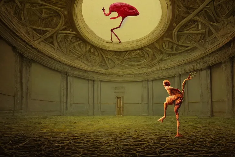 Image similar to a highly detailed beautiful painting of a domed abandoned ballroom, rot decay and vines, in center an elegant male dancer on flamingo legs, by salvador dali and zdzisław beksinski, artstation, dramatic lighting