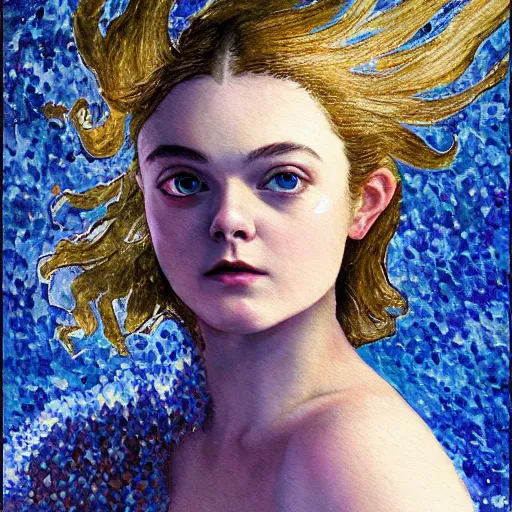 Image similar to professional painting of Elle Fanning in Dark Souls in the style of Henri-Edmond Cross, head and shoulders portrait, symmetrical facial features, smooth, sharp focus, illustration, intricate, stormy weather, extremely detailed masterpiece,