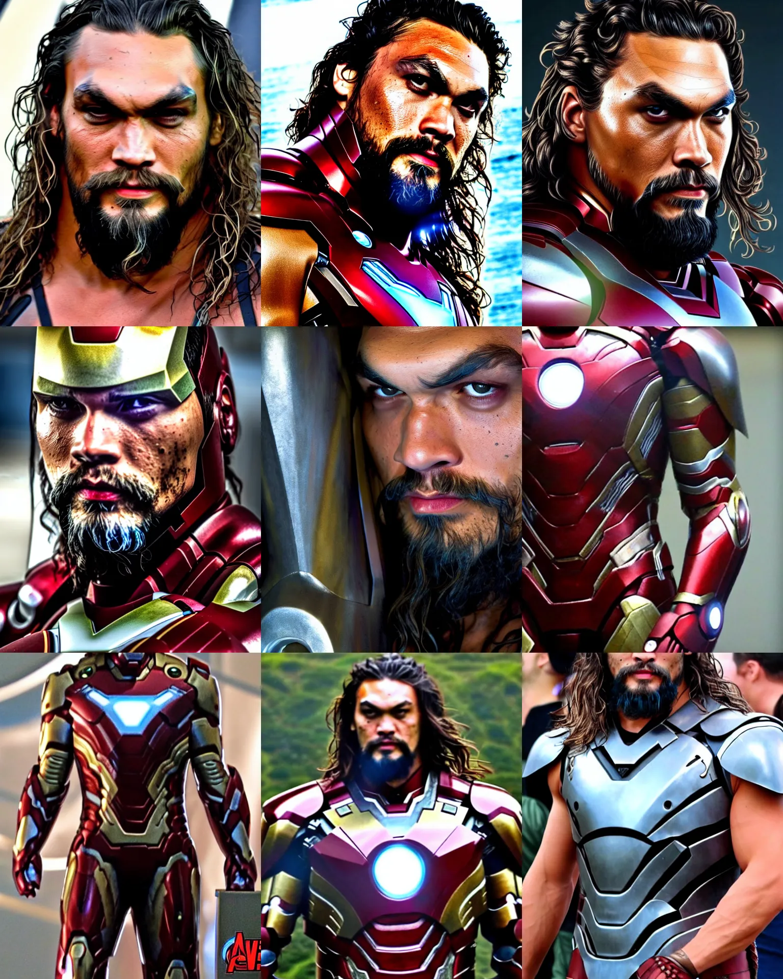 Prompt: jason momoa wearing ironman armor very realistic medium shot close up from the avengers