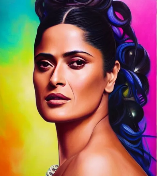 Prompt: beautiful painting of salma hayek, contemporary, colorful acrylic, airbrush painting, realistic portrait by kehinde wiley and archan nair, colored pencil sketch, hyperrealism, pastel chalk, oilpastels