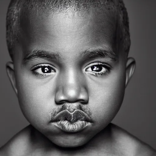 Image similar to the face of kanye west at 6 years old, portrait by julia cameron, chiaroscuro lighting, shallow depth of field, 8 0 mm, f 1. 8