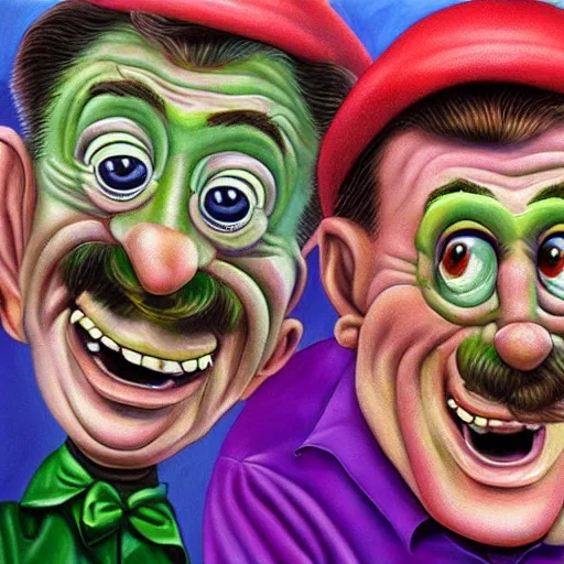 Image similar to beautiful lifelike painting of the chuckle brothers running a purple and green oil derrick, hyperreal detailed facial features and uv lighting, art by ed roth and basil wolverton