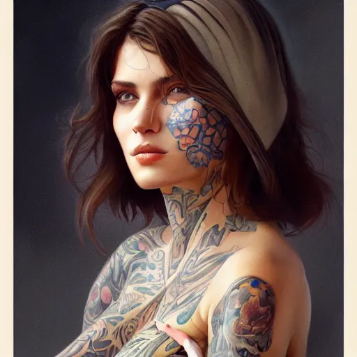 Image similar to ultra realistic illustration, a hot brunette tattooed slavic woman in her late 2 0's, intricate, elegant, highly detailed, digital painting, artstation, concept art, smooth, sharp focus, illustration, art by artgerm and greg rutkowski and alphonse mucha