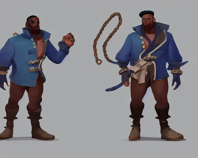 Prompt: sea of thieves character portrait concept art for a huge hulking muscular african american man wearing a blue jacket shirt pants and boots with a pegleg, cgsociety, trending on artstation, character sheet, model sheets, angles, reference, rare ltd,