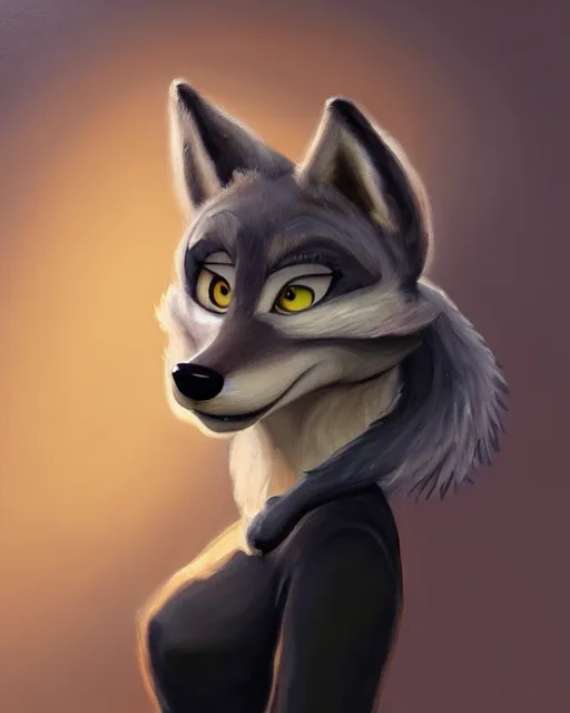 Image similar to oil painting of anthromorphic female wolf, in style of zootopia, female fursona, furry, furaffinity, 4 k, deviantart, furry art, fursona art, wearing black business suit, business suit, wolf fursona, female, very expressive detailed feminine face,