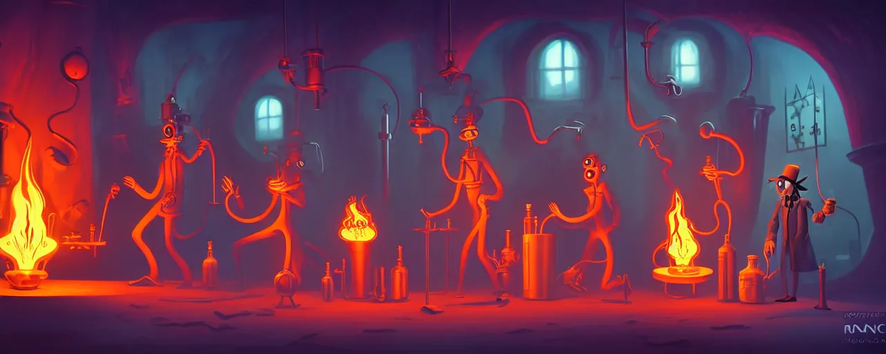 Image similar to uncanny alchemist monsters in a fiery alchemical lab, dramatic lighting, surreal 1 9 3 0 s fleischer cartoon characters, shallow dof, surreal painting by ronny khalil