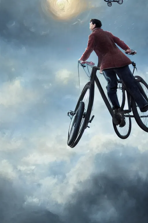 Image similar to A fancy portrait of a happy man flying in the sky on his bicycle in the clouds, perfect expression, Greg Rutkowski, Sung Choi, Mitchell Mohrhauser, Maciej Kuciara, Johnson Ting, Maxim Verehin, Bloodborne, 8k photorealistic, volumetric lighting, HD, high details, dramatic, warm atmosphere, trending on artstation