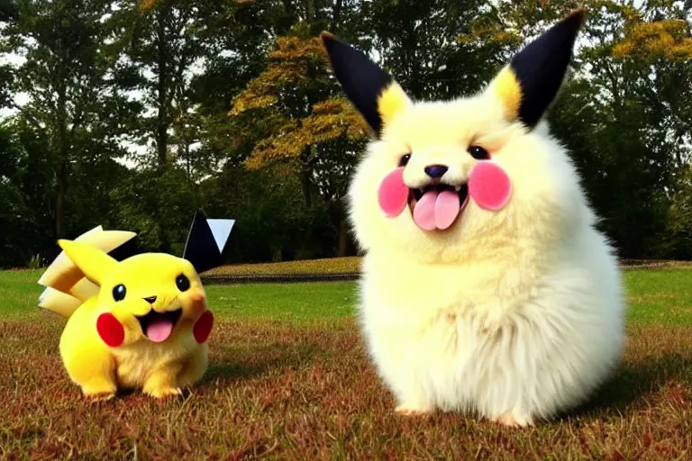 Image similar to real life pokemon, cute!!!, adorable!!!, chunky!!!, playful!!!, fluffy!!!, happy!!!, cheeky!!!, mischievous!!!, ultra realistic!!!, autumn, clear weather, golden hour, sharp focus