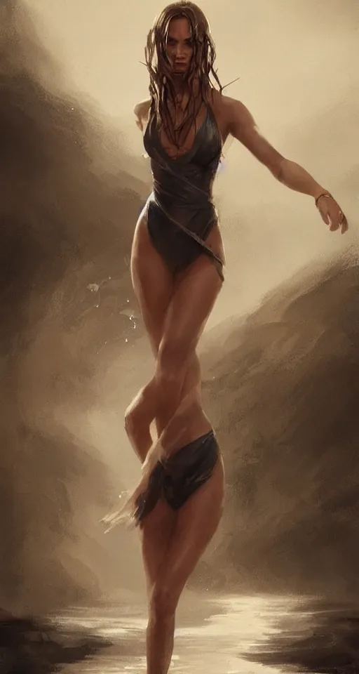 Image similar to Alicia Vikander with wet hair stands on a beach, no noise, elegant, concept art, sharp focus, digital art, smooth defined outlines!!, by Brom, trending on Artstation, Tom Bagshaw, Sargent
