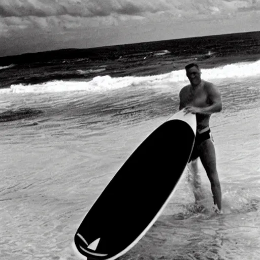 Image similar to An old photo of Hitler surfing at the Hawaii, 1930, black and White, High quality