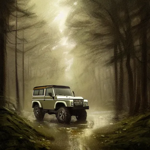 Image similar to a landrover crossing a forest path while its raining, digital art, artstation, photgraphy, highly detailed, digital painting, artstation, concept art, sharp focus, illustration, art by greg rutkowski and artgerm