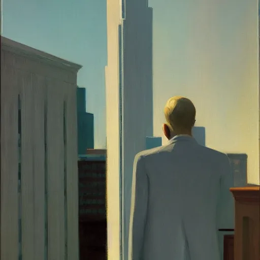 Prompt: portrait of a man standing in front of a tall building, by Edward Hopper and James Gilleard, highly detailed