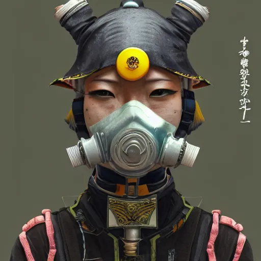 Prompt: japanese solarpunk senpai in a ceremony with extremely detailed respirators and head gear, inspired by die antwoord beautiful, hand painted textures, cloth physics, deviantart, karol bak, masamune shirow, black and white, beautiful kawaii lighting, photorealistic, concept art, perfect render, 3 d render, pixar, 8 k