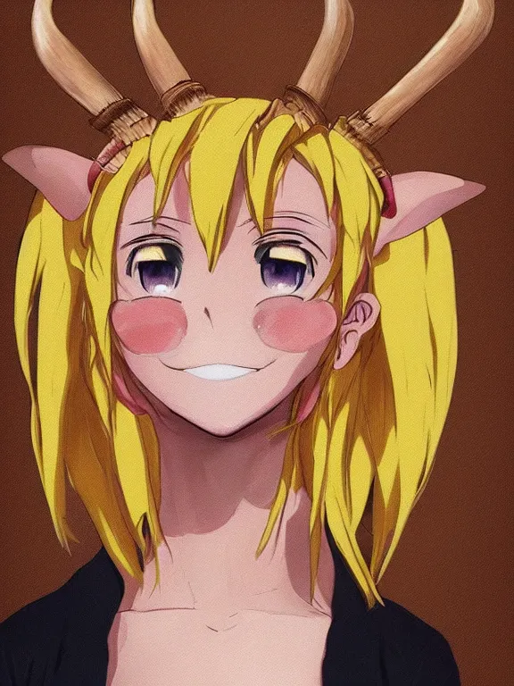 Image similar to Anime portrait of a smiling demi-human, short pink hair, gold and yellow notched antlers, bottom-half goat top-half woman, brown fur, brown tail, trending on artstation