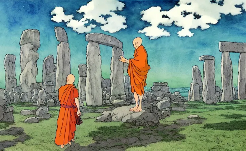 Image similar to a hyperrealist studio ghibli watercolor fantasy concept art. in the foreground is a giant monk in a grey robe lifting a stone. in the background is stonehenge. the scene is underwater on the sea floor. by rebecca guay, michael kaluta, charles vess