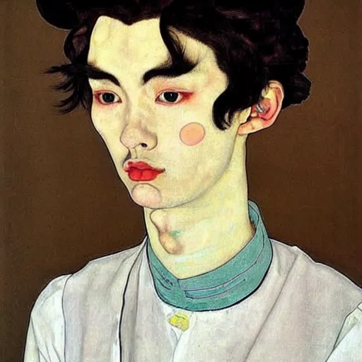 Image similar to full body painting of grumpy handsome thin beautiful man in his 2 0 s named min - jun in a french female maid outfit, modern clothing, elegant, clear, painting, stylized, delicate facial features, stylized thin lines, soft but grumpy, highly detailed, art, art by egon schiele