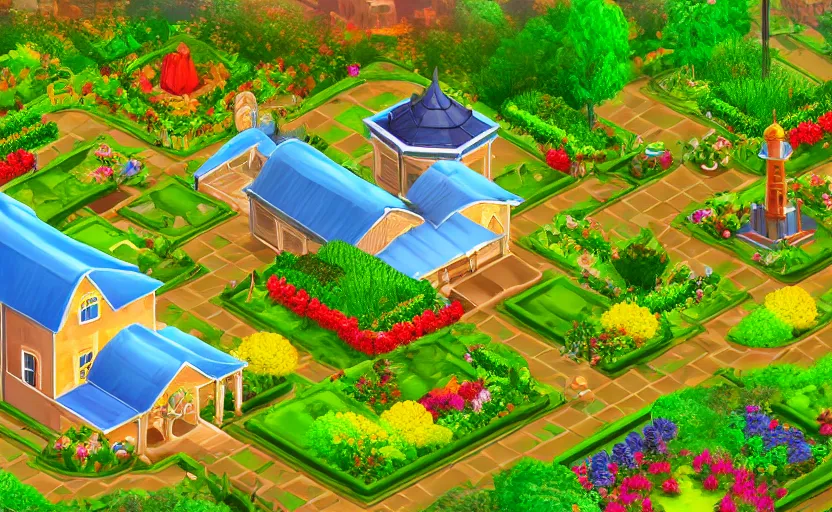 Prompt: beautiful garden, with house in the center, with golden gates, isometric view, bright colors, game screenshot