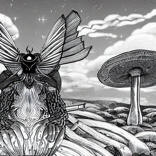 Image similar to A centered chest up portrait of a psychedelic godlike atlas mothman smoking a hand-rolled cigarette smoking heavily , magic mushroom village in background , award winning. superb resolution. in the art style of junji Ito and greg rutkowski . Detailed Mushroom city in background. Hyper realistic anime. Perfect art. Dalle2