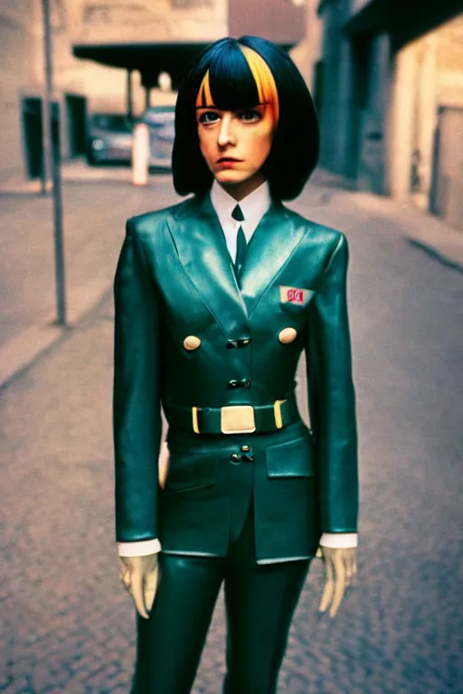 Prompt: ektachrome, 3 5 mm, highly detailed : beautiful three point perspective extreme closeup 3 / 4 portrait photo in style of chiaroscuro style 1 9 8 0's flight suit cosplay rome seinen manga street photography vogue italia fashion edition
