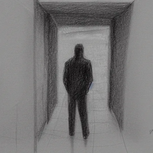 Image similar to the drawn man in jacket looks out into the black endless distance in the rain. pencil sketch