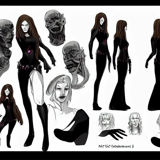 Image similar to character model sheet inspired by the Sandman Comic books, a character with long hair and dark clothing, black nails by MC Esther and Godmachine