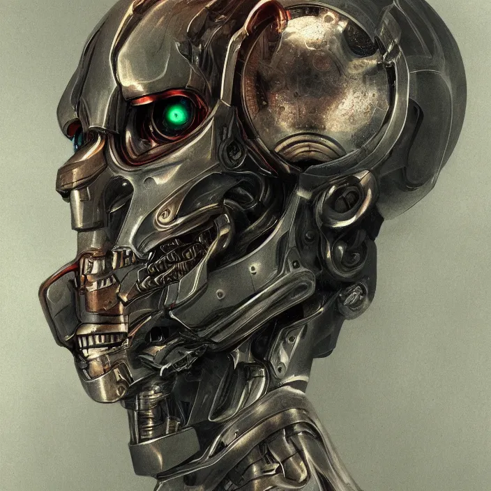 Image similar to portrait of a topaz Ultron from Age of Ultron, clockwork steampunk, head and chest only, cybernetic skull-like head, by Beksinski, 4k, deviantart, trending on artstation