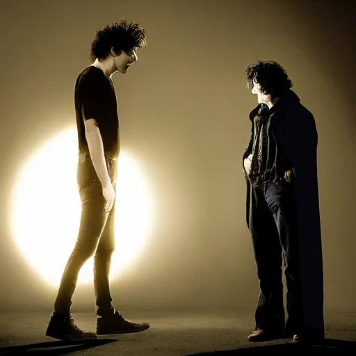 Image similar to a dramatic photograph of neil gaiman having a conversation with the sandman in a fantasy world, dramatic lighting, filmic, cinematographic, sci - fi