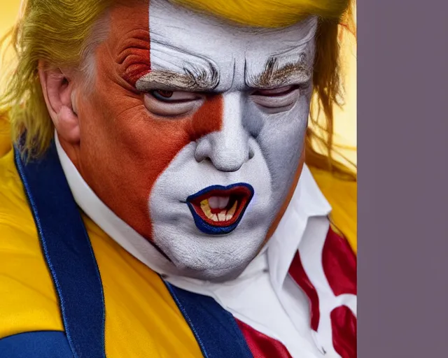 Prompt: studio color photo realistic portrait of donald trump as a clown with white face paint orange hair and yellow jumpsuit riding a unicycle