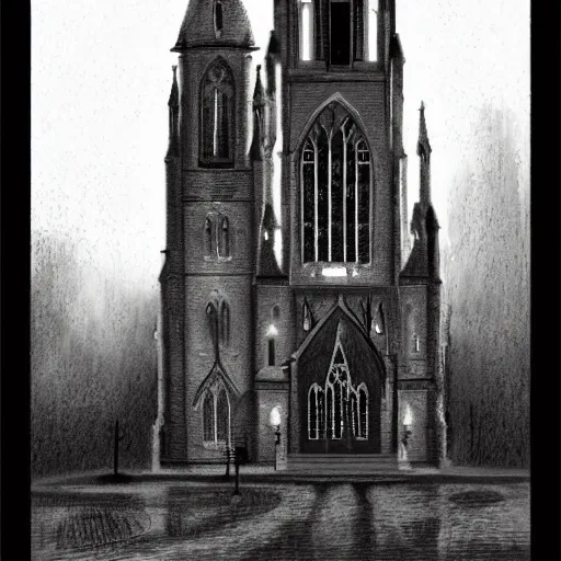 Image similar to victorian church in the middle of the city, dark, misty, at night, 8 k, detailed, concept art, trending on artstation