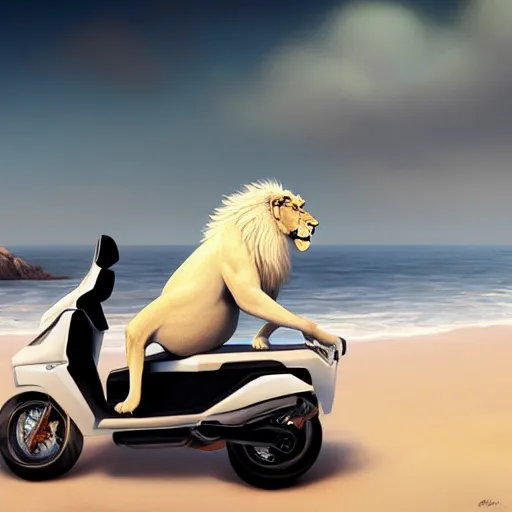 Prompt: commission of a male anthropomorphic albino lion driving a scooter on a beach,digital art,art by greg rutkowski,trevor henderson,ross tran,photorealistic,hyperdetailes,highly realistic,natural lighting,deviantart,artstation,dramatic,cinematic,4k,western comic style