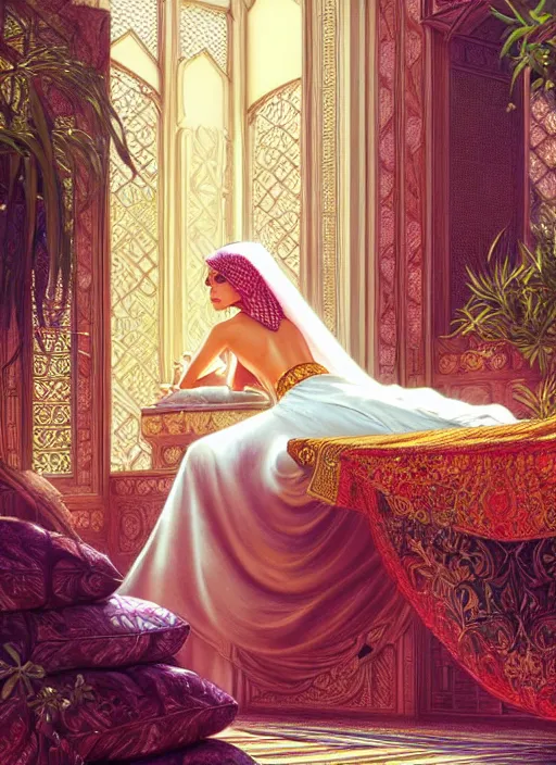 Image similar to an arabian princess relaxing in her palace, raining outside, shiny, fantasy, intricate, elegant, hyper detailed, ultra definition, photoreal, artstation, unreal engine rendered, concept art, smooth, sharp focus, illustration, art by artgerm and greg rutkowski and alphonse mucha and garis edelweiss