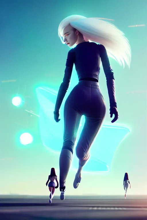 Image similar to profil android women running, scifi, futuristic design, bae suzy, long white hair, character design, cinematic lighting, highly detailed, by beeple, goro fujita, smooth gradient.