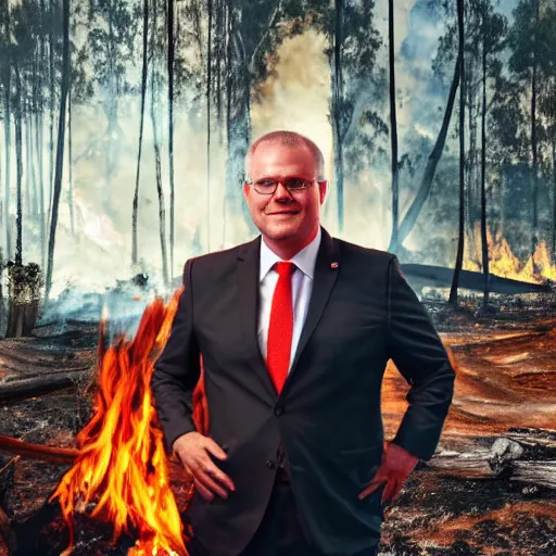 Prompt: Prime Minister Scott Morrison in front of a forest fire, wearing shorts and a Hawaiian hat, hose in the ground, smoke, , cinematic, hyper realism, high detail, vivid colors, octane render, unreal engine, 8k