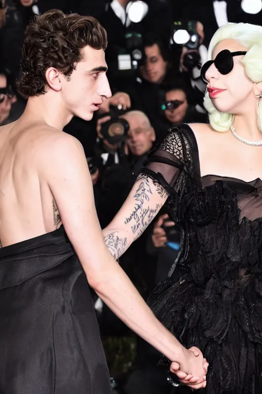 Image similar to timothee chalamet and lady gaga holding hands, beautiful detailed faces, canon eos, featured, flash lighting