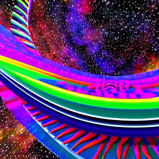 Prompt: Liminal space in outer space, rainbow 3d parametric design