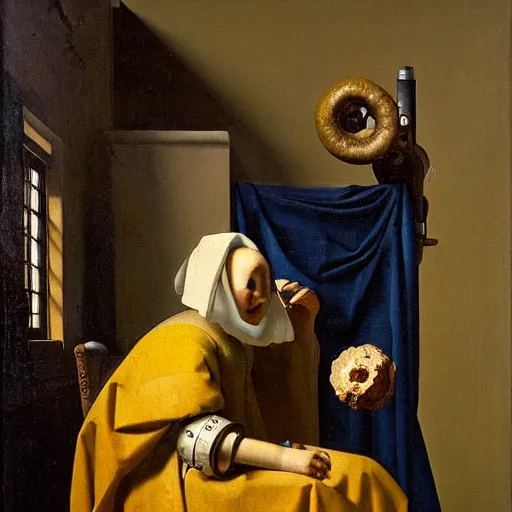 Image similar to Oil painting of a robot examining an ammonite fossil in the style of The Astronomer by Johannes Vermeer, 1666, highly detailed
