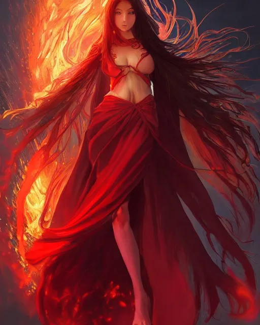 Image similar to red eyed beautiful long haired anime girl, fire dress, full body photo, flames everywhere, highly detailed, digital painting, artstation, concept art, smooth, sharp focus, illustration, art by artgerm and greg rutkowski and alphonse mucha