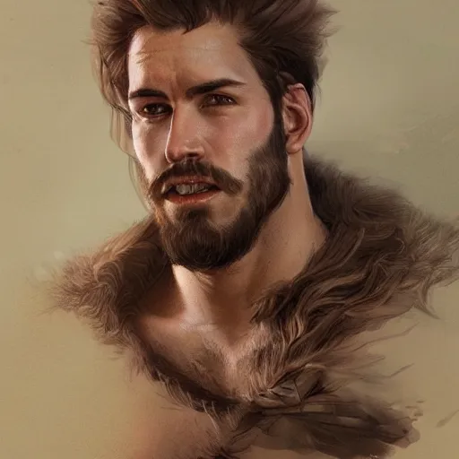 Image similar to portrait of a young rugged beserker, muscular, upper body, hairy torso, D&D, fantasy, intricate, cinematic lighting, highly detailed, digital painting, artstation, concept art, smooth, sharp focus, illustration, art by Artgerm and Greg Rutkowski and Alphonse Mucha