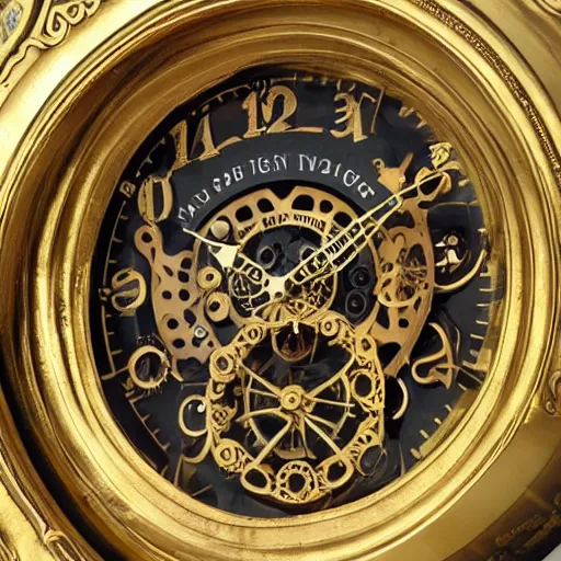 Prompt: photo of a golden steampunk intricate clock