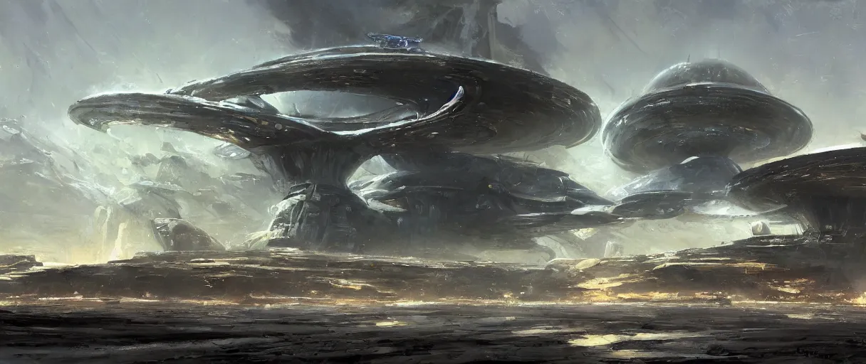 Image similar to An oil painting of a huge alien starship by Craig Mullins