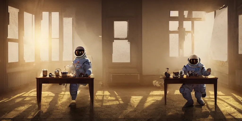 Image similar to a cosmonaut in a spacesuit drinks a steaming cup of tea alone at an old wooden desk in a richly decorated indian house. the autumn light comes in through a window and dimly illuminates the room, diffuse light, octane render, 4k, matte painting