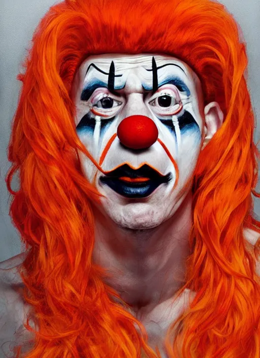 Prompt: portrait of a clown wearing orange wig, orange wig, serious expression, clown makeup. art by martin ansin, martin ansin artwork. portrait.