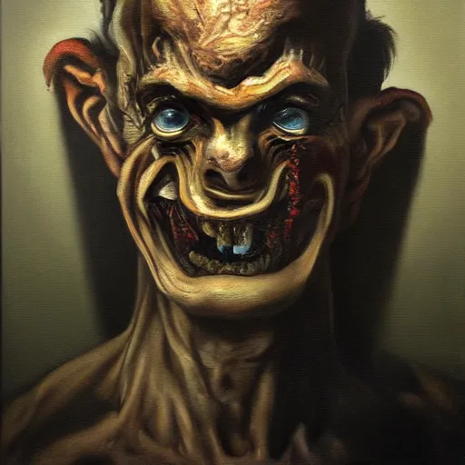 Image similar to Oil painting by Christian Rex Van Minnen of a portrait of an extremely bizarre disturbing mutated man with intense chiaroscuro lighting very detailed insanely creepy perfect composition