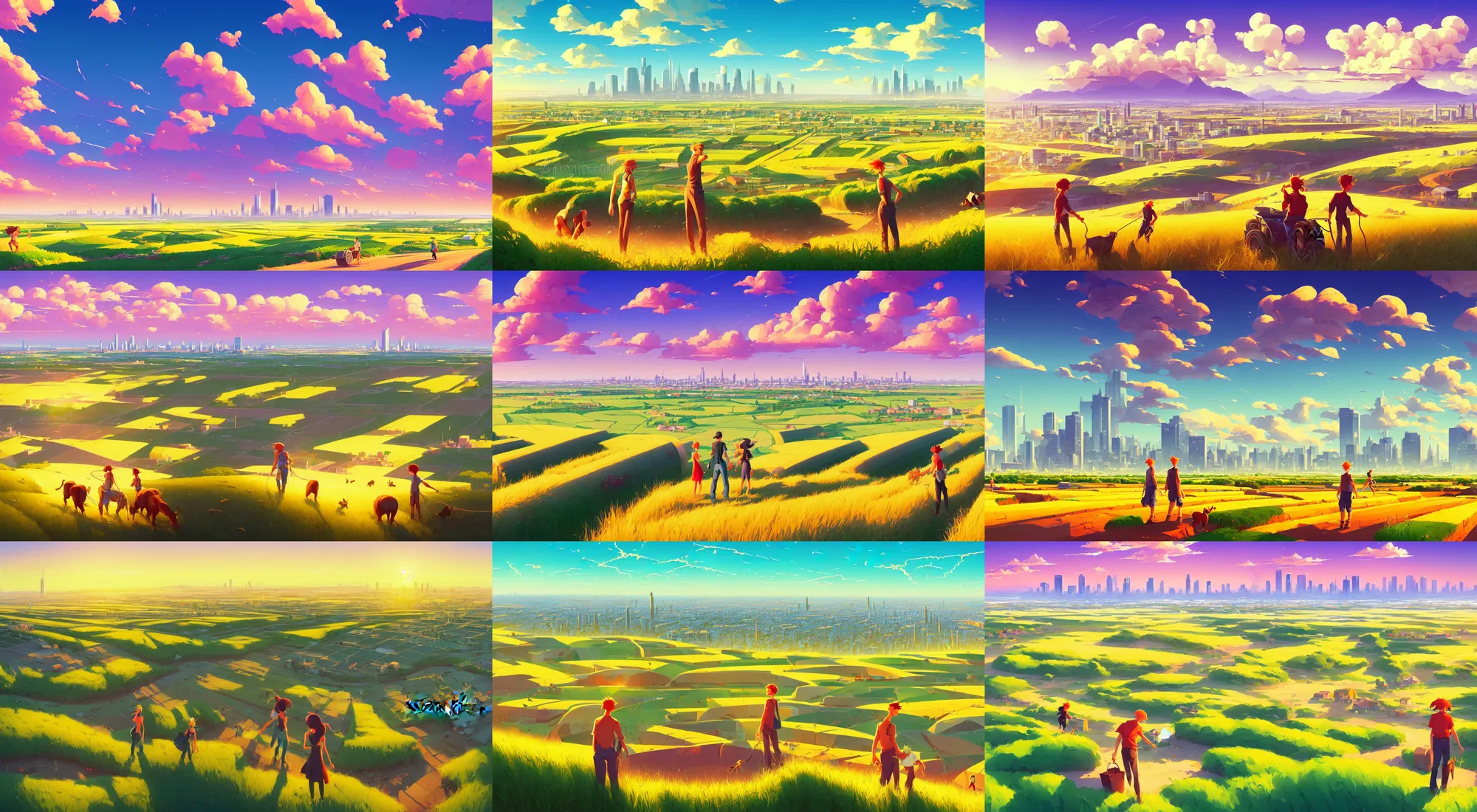 Prompt: Summer agricultural fields with big modern city on horizon, vector illustration, in marble incrusted of legends heartstone official fanart behance hd by Jesper Ejsing, by RHADS, Makoto Shinkai and Lois van baarle, ilya kuvshinov, rossdraws global illumination