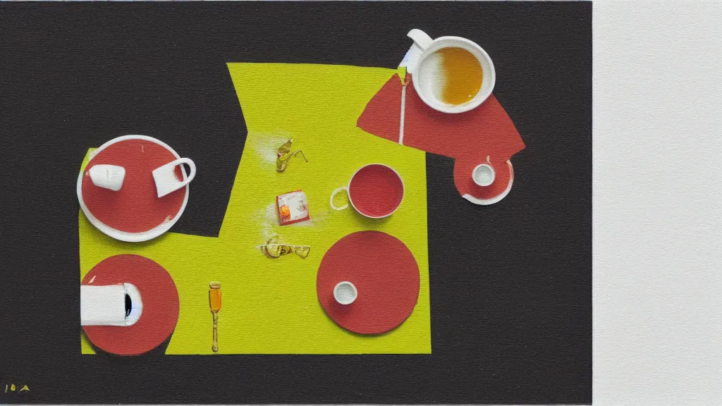 Image similar to a small tea setting, japan, a collage painting, in the style of wes anderson, lola dupre, david hockney, isolated on negative white space background dark monochrome neon fluorescent spraypaint accents volumetric octane render