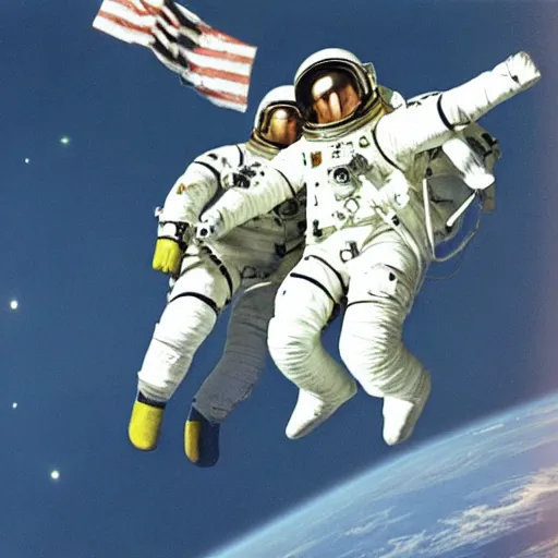 Image similar to photo of steed situated on top of astronaut that standing on all fours