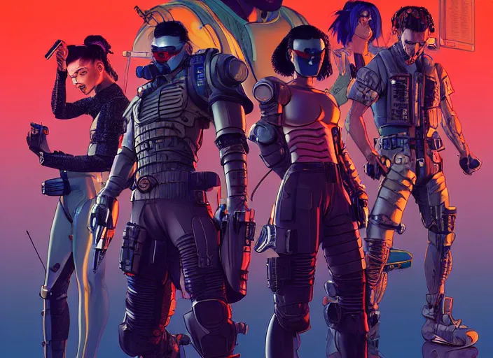 Image similar to cyberpunk samurai squad. portrait by stonehouse and mœbius and will eisner and gil elvgren and pixar. character design. realistic proportions. cyberpunk 2 0 7 7 character art, blade runner 2 0 4 9 concept art. cel shading. attractive face. thick lines. the team. diverse characters. artstationhq.