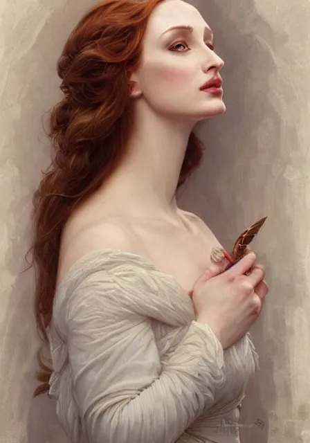 Prompt: sansa angeline jolie gessica chastain white snow skin, intricate, elegant, highly detailed, digital painting, artstation, concept art, smooth, sharp focus, illustration, art by artgerm and greg rutkowski and alphonse mucha and william - adolphe bouguereau